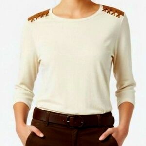 Ralph Lauren Ribbed Top Shirt Brown Faux Suede Shoulder Patches Size M